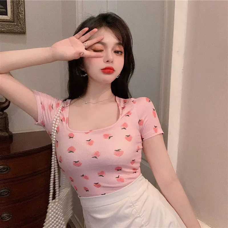 

Summer square neck short t-shirt women Korean fashion y2k all-match slim slimming bottoming shirt top Print peaches Short sleeve