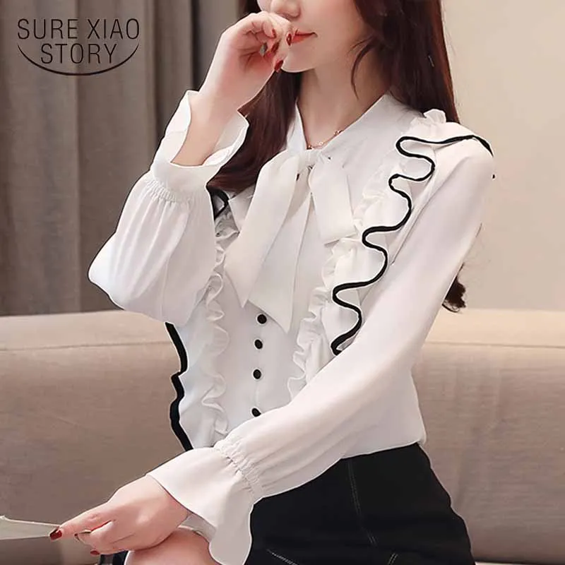 Blusas mujer de moda 2021 Осень Длинные рукава женская шифоновая блузка с низким вырезом