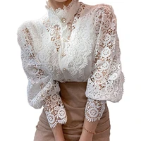 new 2021 sweet hollow out lace patchwork women blouse button white top petal sleeve flower stand collar shirt