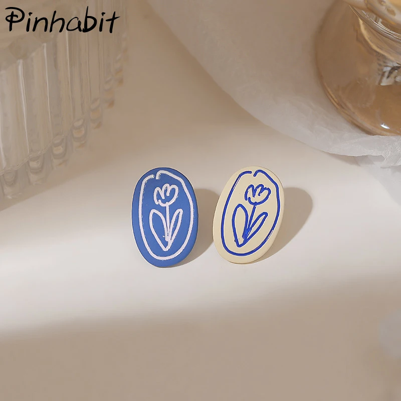

Ins Blue Tulip Painted Stud Earrings Blue White Contrast Ellipse Earring Sweet Niche Sense Of Design Dangler Gift For Friend