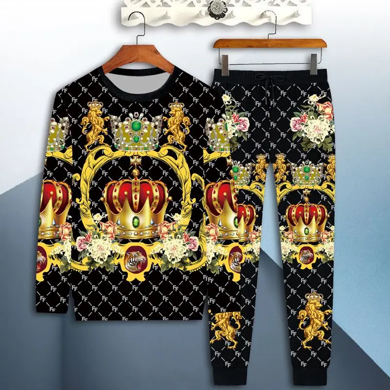 

New men's sportswear suit men's 3D tiger long-sleeved casual slim T-shirt trousers 2-piece 3D dragon print T-shirt clothes