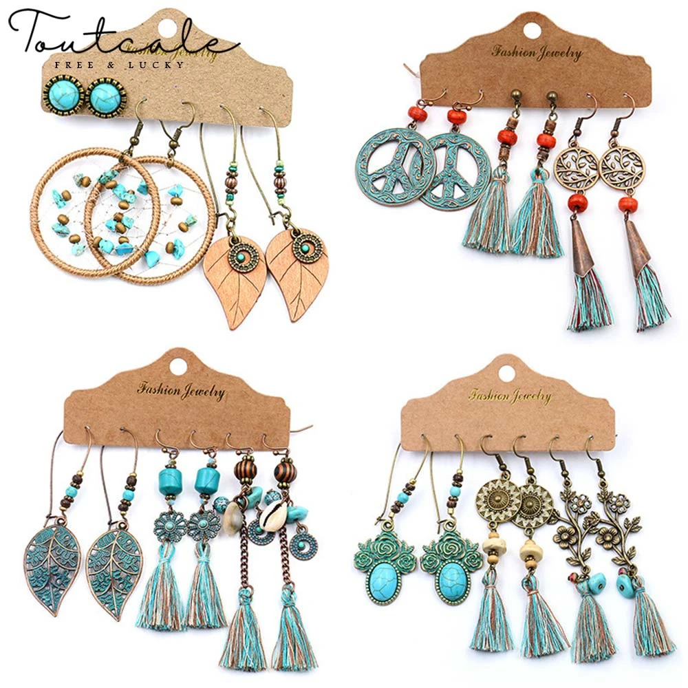 

TOUTCALE Vintage Bohemia Ethnic Tassel Fringe Leaf Earrings For Women Girls Anniversary Wedding Party Jewelry Charms Accessories
