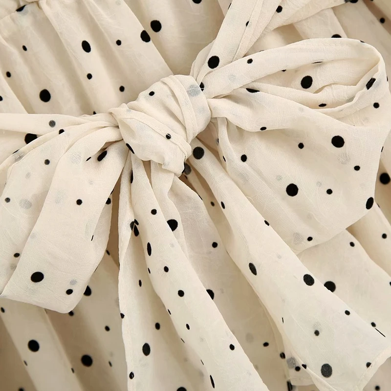 

Long Sleeve Elegant Polka Dot Woman Dress Print Bow Tie Sashes Female Mini Dress Vintage V Neck Pleather Vestido De Mujer