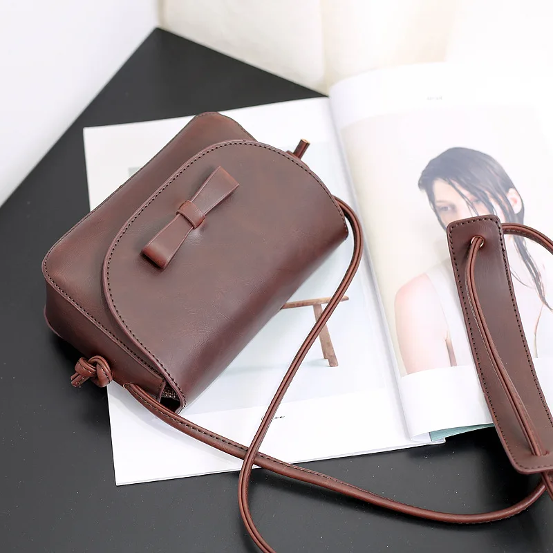 

Soft Surface Women Shoulder Bag Simple Fashion Daily Crossbody Bags Leather Brown Flap Rectangle Satchels Bow Decoration