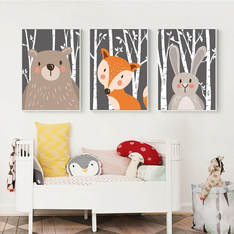 Скандинавский Ночной лес мультяшное животное дерево кролик медведь холст