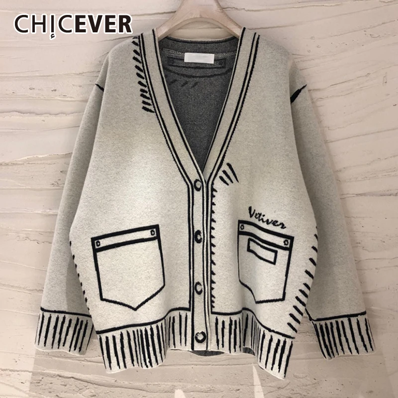 

CHICEVER Casual Loose Sweaters For Women Print V Neck Long Sleeve Plus Size Elegant Cardigans Female Fashion Clothing 2022 Style