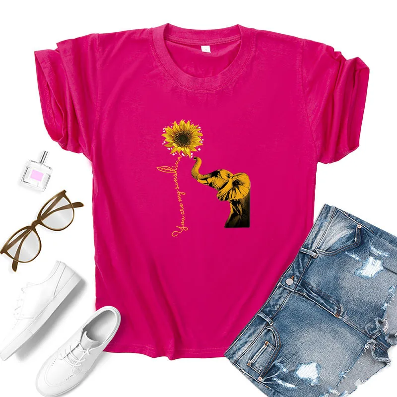 

Golden Elephant Sunflower Print T Shirt Women Short Sleeve O Neck Loose Tshirt Summer Women Tee Shirt Tops Camisetas Mujer