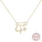 GS 925 стерлингового серебра скрепки булавка, кулон ожерелья для женщин с изображением луны и звезд, молния, циркон, кристалл, кулон, ожерелье, ювелирные изделия