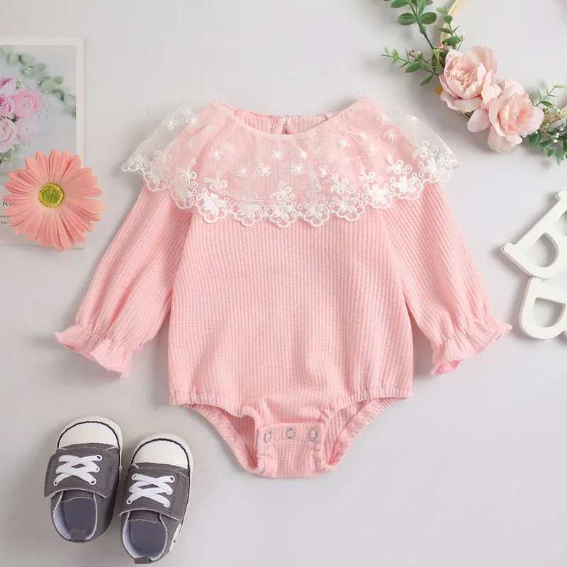 

Pudcoco Newborn Bodysuits Jumpsuits Floral Lace Ruffle Playsuit Baby Girls Cute Long Sleeve Round Neck Romper
