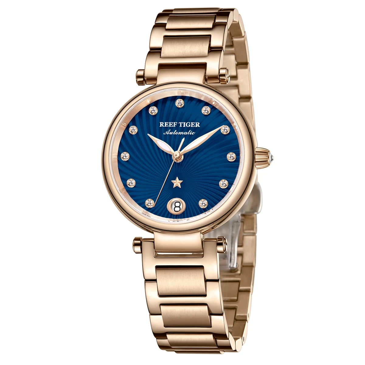 Часы Reef Tiger/RT роскошный дизайн розовое золото с синим циферблатом автоматические