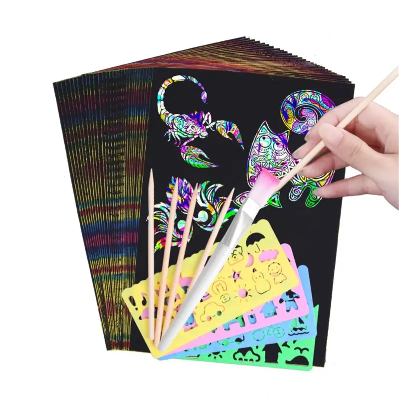 

50pcs 18x 13cm Magic Color Rainbow Scratch Art Paper Card Set with Graffiti Stencil for Drawing Stick DIY Art Painting T
