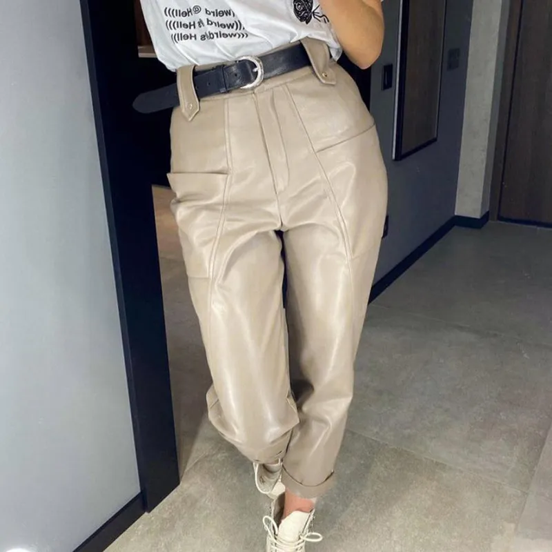 

Women PU Patchwork Big Pocket Radish Pants Female 2021 New Autumn Fashion Streetwear Loose Ladies Trousers Bottoms s1565