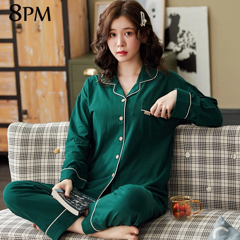 

Women Cotton Pajamas Long-sleeve Top Full-length Pants Jersey Pajamas Suit White Simple Lovely Style Home Wear Soft Pjs ouc766