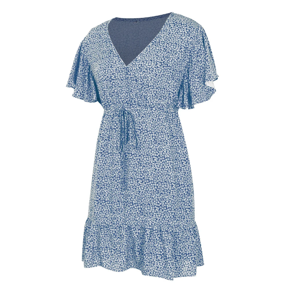 

Women's Floral Print Mini Dress V-Neck Short Sleeve Swing Party Dress for Summer J55