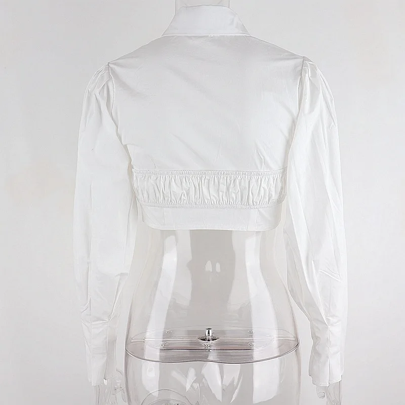 

White Balloon Sleeve Elegant Women Top and Blouse T-Shirts Spring Autumn 2021 New Sexy Ruched Crop Tops Solid Fashion T-shirt