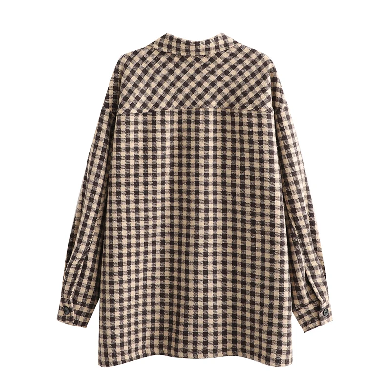 

Autumn and winter women's casual plaid lapel long sleeve pocket decoration loose jacket