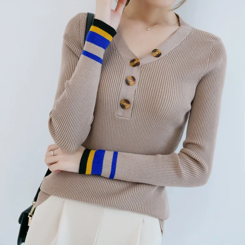 

Sweater-0d730 с v-образным вырезом на пуговицах и манжетами, новинка 2019