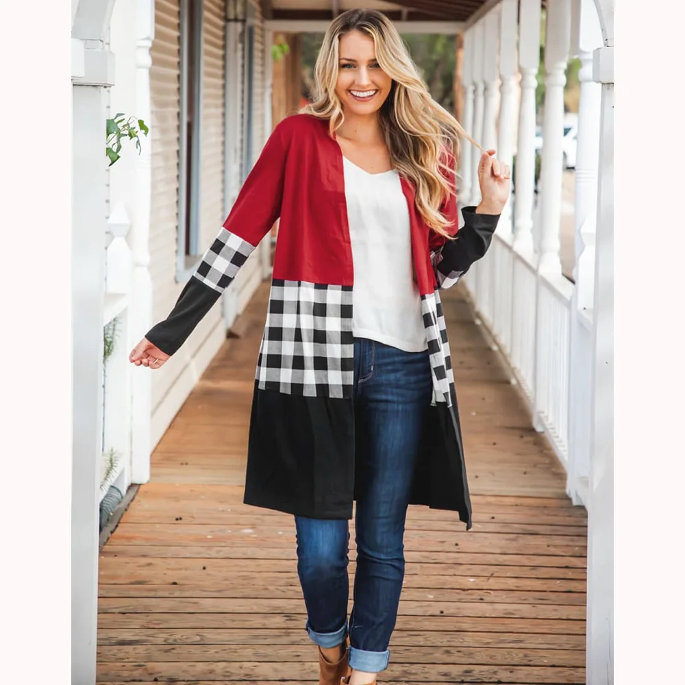 

Plus Size Women Jackets 2021 Autumn Fashion Plaid Jacket Loose Cardigan Mid Length Coat Female Open Stitch Top Women's Clothing