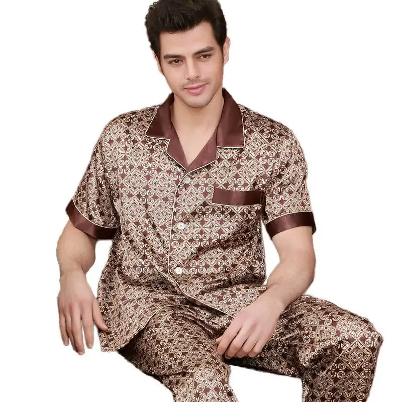

Satin Nightwear Men Pajamas 2PCS Shirt&Pants Sleepwear Summer Thin Lingerie Short Sleeve Pyjamas With Trousers Lounge Wear
