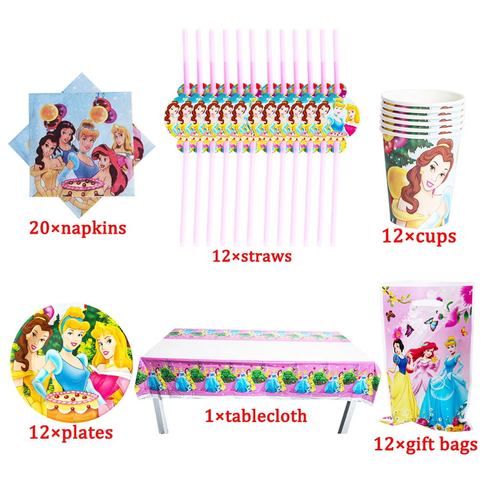 Disney-Mantel desechable de fiesta para niñas, vajilla con taza, plato, cuchara, Decoración de cumpleaños y bautizo, seis princesas Blancanieves
