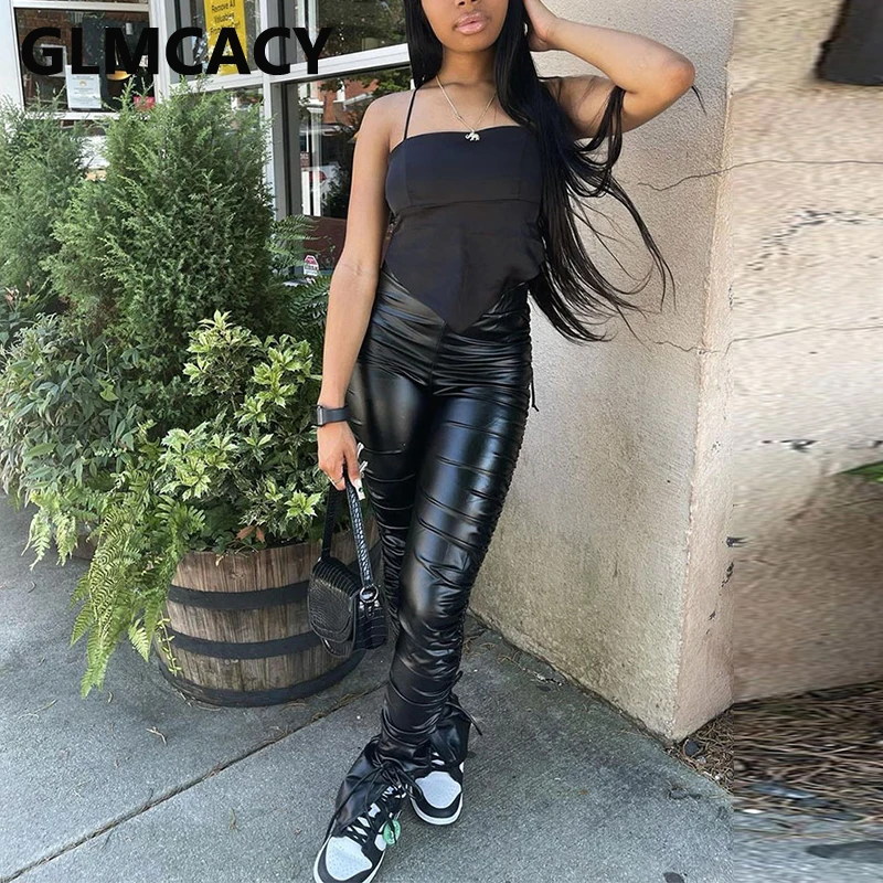 

Брюки из ПУ с высокой талией и рюшами, однотонные облегающие шикарные брюки