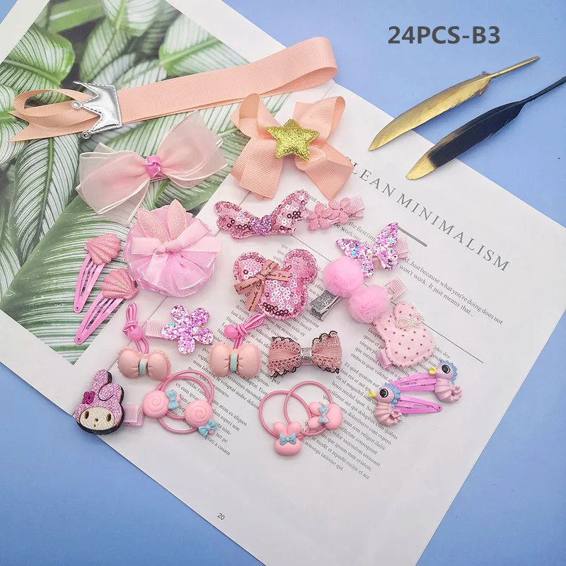 B3 24 шт./компл., Детские аксессуары для волос, корона, заколки для девочек в виде животных, заколка для волос в виде цветка с помпоном в виде звезды - Цвет: B3