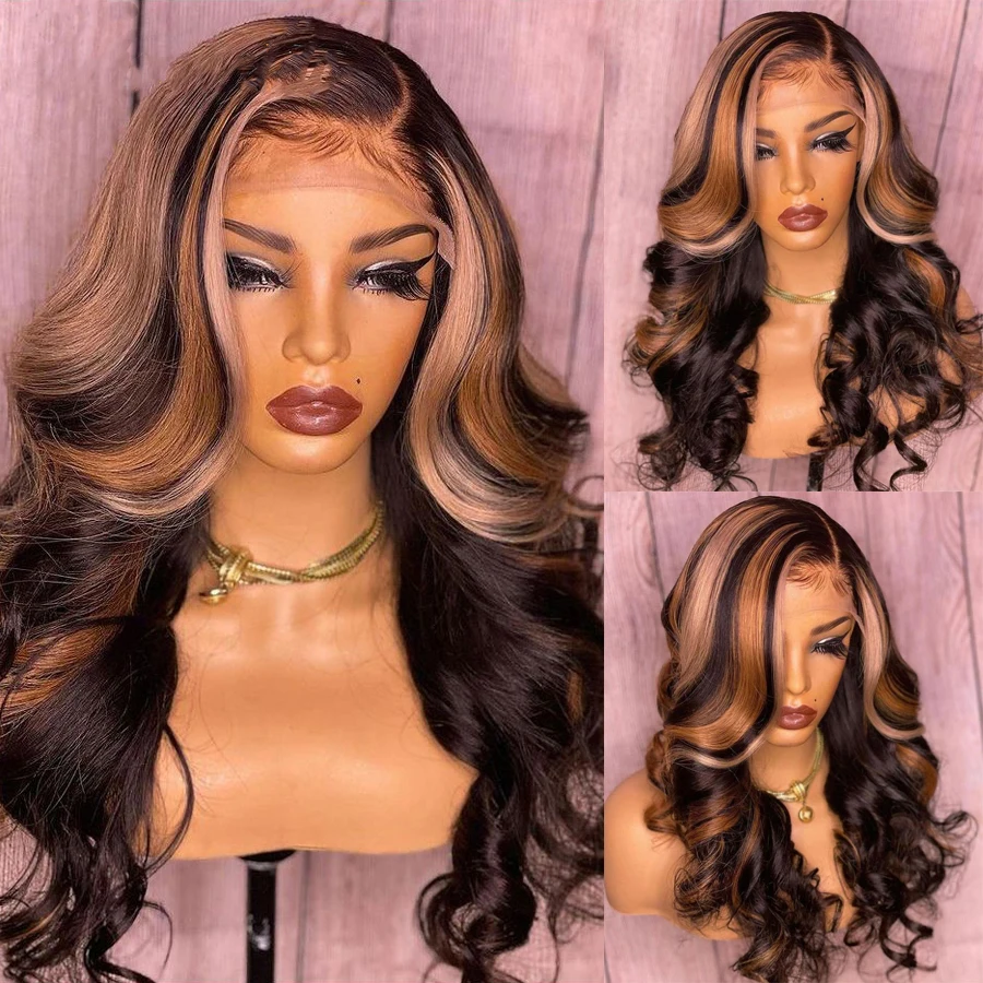 

Jet Black Highlight Blonde 26 Inch Body Wave Lace Wigs Brazilian Remy Human Hair Lace Frontal Wig Preplucked For Black Women