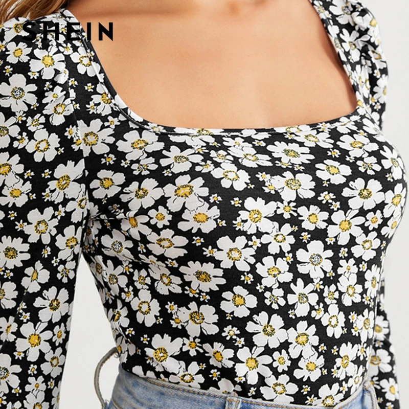 SHEIN, квадратная горловина, Маргаритка, цветочный принт, облегающая футболка, женские топы, осенняя элегантная Офисная Женская футболка с длинными рукавами
