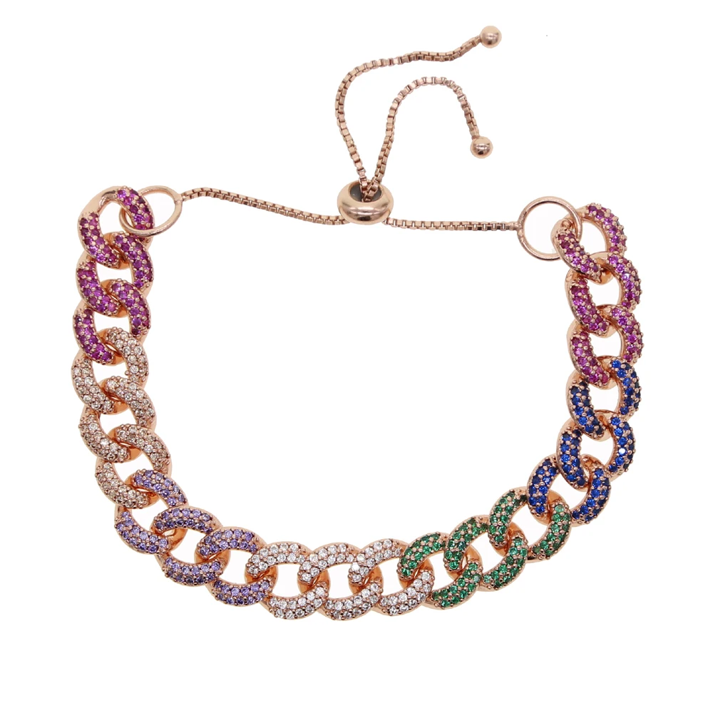 rose bracelet Настраиваемый размер, радужные цветные кубические циркониевые фианиты, циркониевые фианиты, кубинские звенья цепи, колье, ожерелье, золото, розовое золото, рок, хип-хоп воротник, цепочка - Окраска металла: rose bracelet