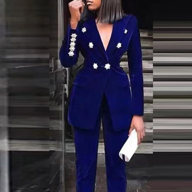 

2022 Fashion Women Suit Outfits Casual Long Sleeve Tops And Straight Pants Set Elegant Star Button Solid Office Lady Blazer Sets