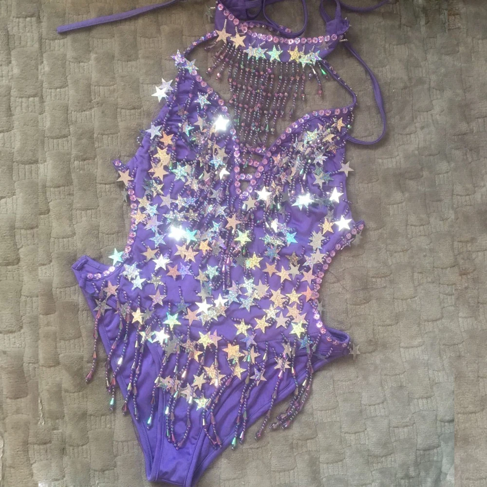 Backless Sequins Party Bodysuit Women Bodycon Romper Sexy Tassel Colorful Diamond Laser Five-Pointed Stare Elegant Beachwear