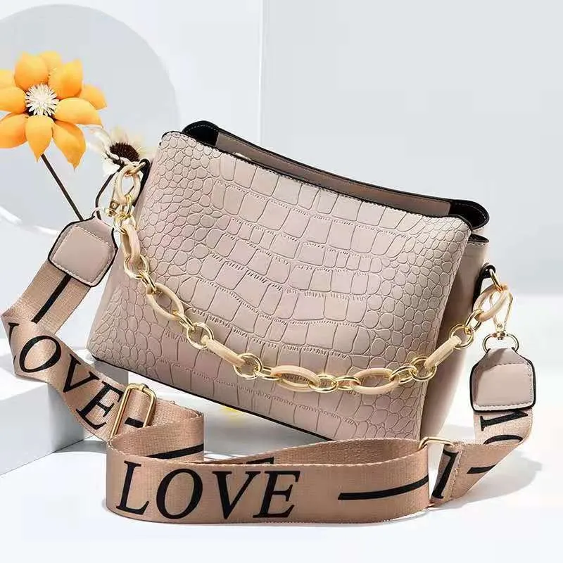 

2021 New Fashion All-match Wide Shoulder Strap Shoulder Handbags Crocodile Pattern Chain Diagonal Square Bag Purses and Handbags