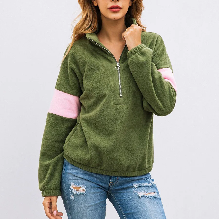 

Women Sweatshirts Fall Winter Contrast Color Patchwork Long Sleeve Zipper Neck Tracksuits Pullover Jumpers Woman Sweatshirt Tops