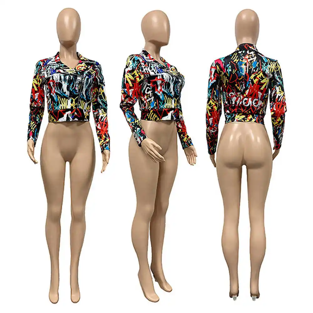 

Tie Dye Print Bomber Jacket Woman Jacket Top Fall Winter Long Sleeve Zipper Turn-down Collar Cropped Moto Biker Jacket Coat