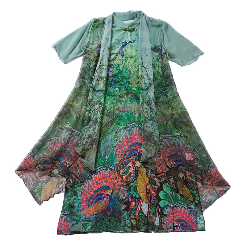 

Silk loose size printed silk dress women's medium length two piece set