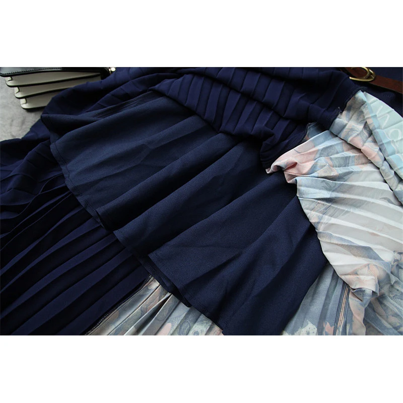 

2020 New Autumn Winter Designer Runway Dress Women High Fashion Vintage Character Print Patchwork Midi Pleated Sweater Dress