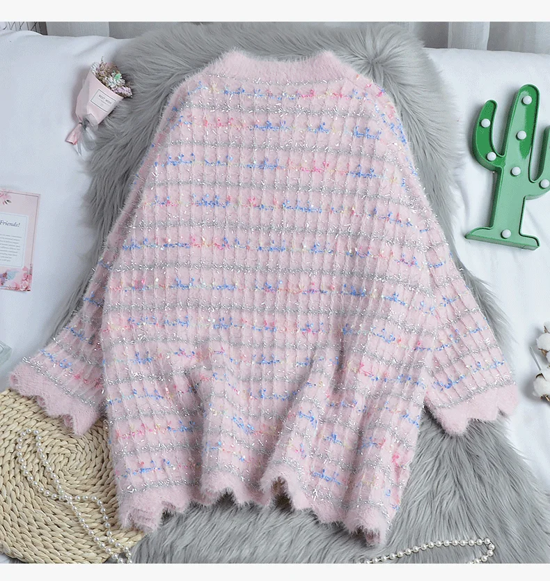 Женские свитера свободные повседневные новые Harajuku Kawaii свитера милые розовые милые полосатые оверсайз вязаный пуловер, Свитера CC396