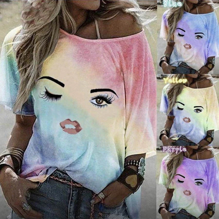

Женская футболка, Повседневная футболка со смайликом, футболка со средним рукавом, сексуальная свободная летняя футболка с открытыми плеча...
