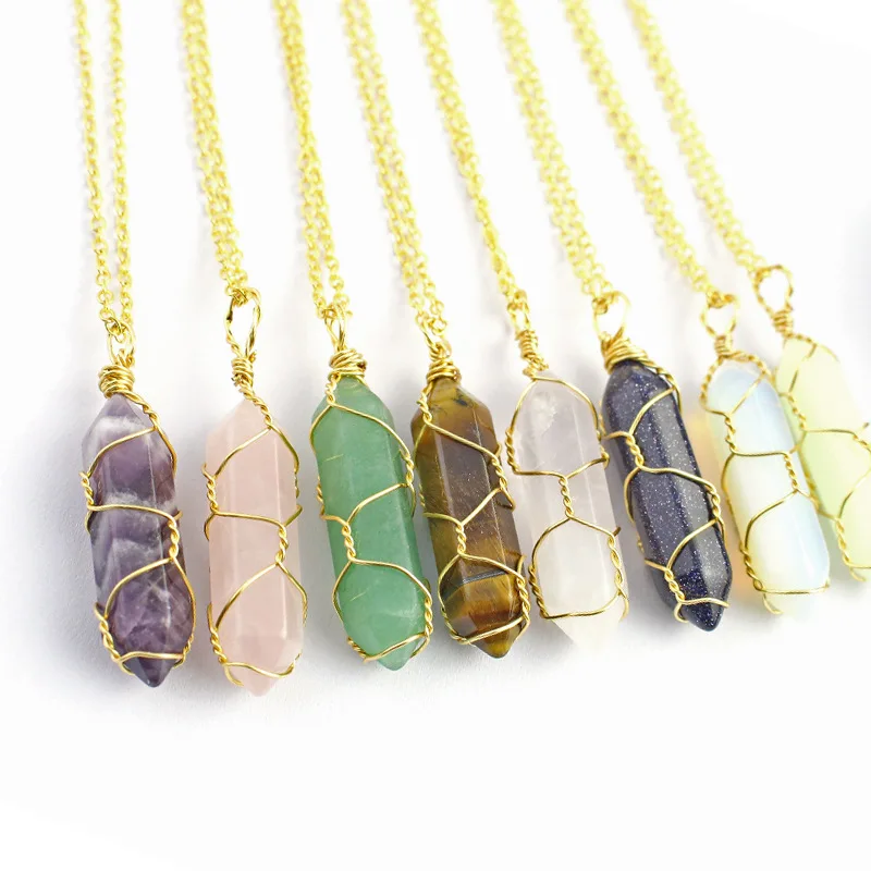 

Natural Crystal Hexagonal Point Quartz Amethyst Pendant Healing Crystals Copper Wire Wrapped Chakra Gemstones With Gold Chain