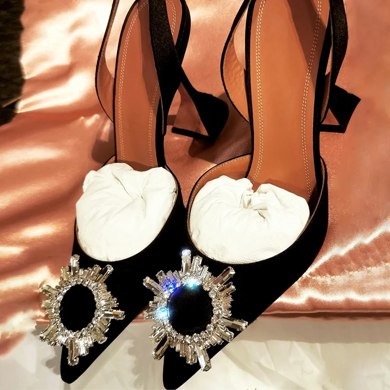 

2021 High Heels Silk Sun Flower Rhinestone Wine Glass With Crystal Pointed Sandals Women Wedding Shoes