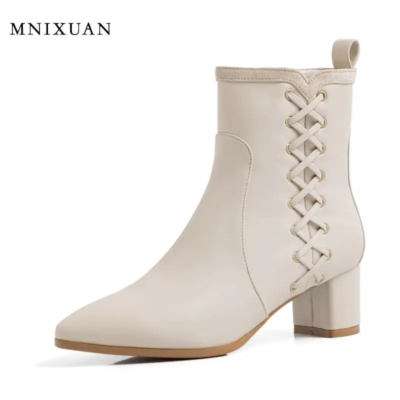 

MNIXUAN Women Shoes Size 10 Pointed Toe High Heel Ankle Boots 2019 new basic fashion block heels shoes zipper black short boots