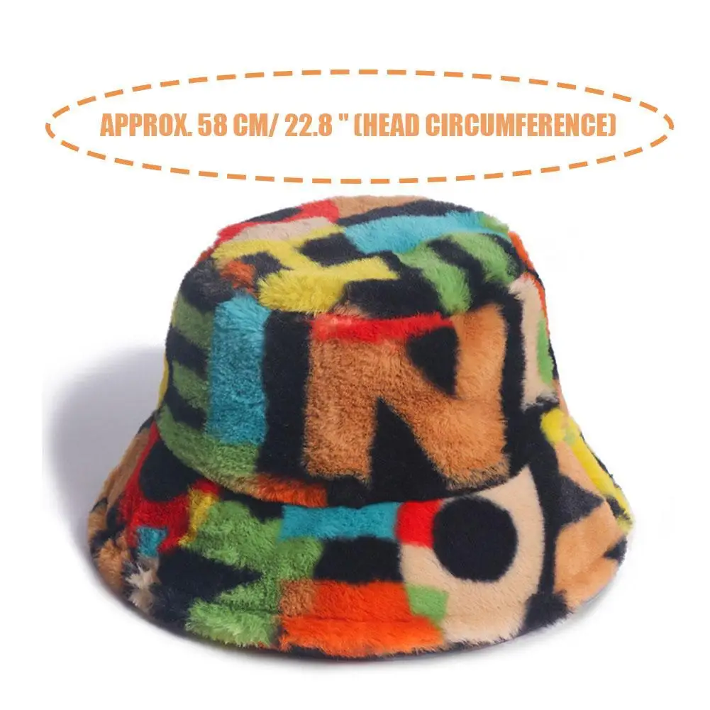 

New Outdoor Multicolor Rainbow Faux Fur Letter Pattern Bucket Hats Women Winter Soft Warm Gorros Mujer