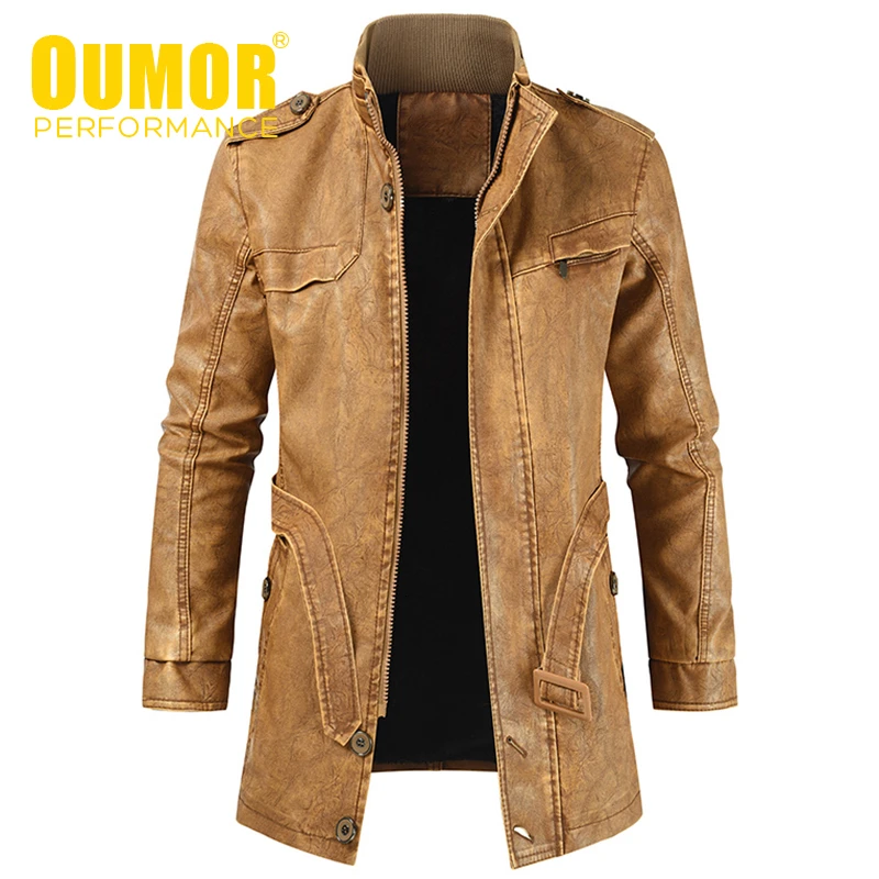 Oumor Men Winter New Casual Long Thick Fleece Leather Jacket Parkas Men Outfit Warm Vintage Pockets Faux Leather Jacket Coat Men