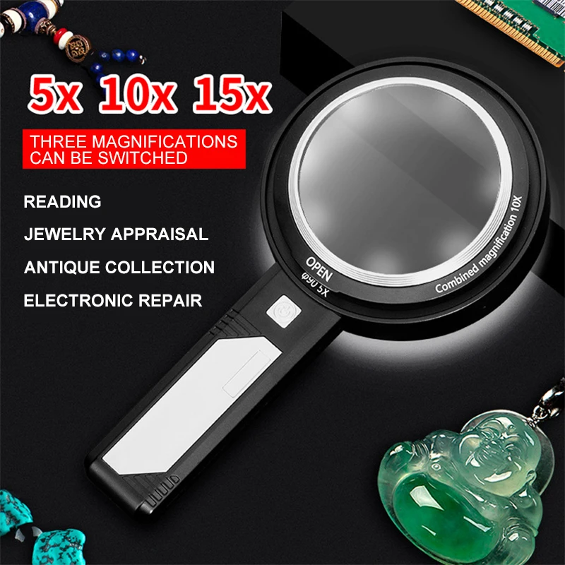 

Handheld Jewelry Magnifying Glass Jewelers Eye Tool Reading Folding Loupe Glass Lens Magnifying battery magnifier Glass Diamond