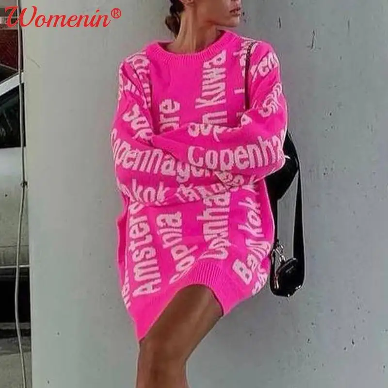 

Knitted Letter Print Sweater Dress Women Winter O-neck Long Pullover Sweaters Female Dress 2021 Autumn Warm Jumper Loose Top