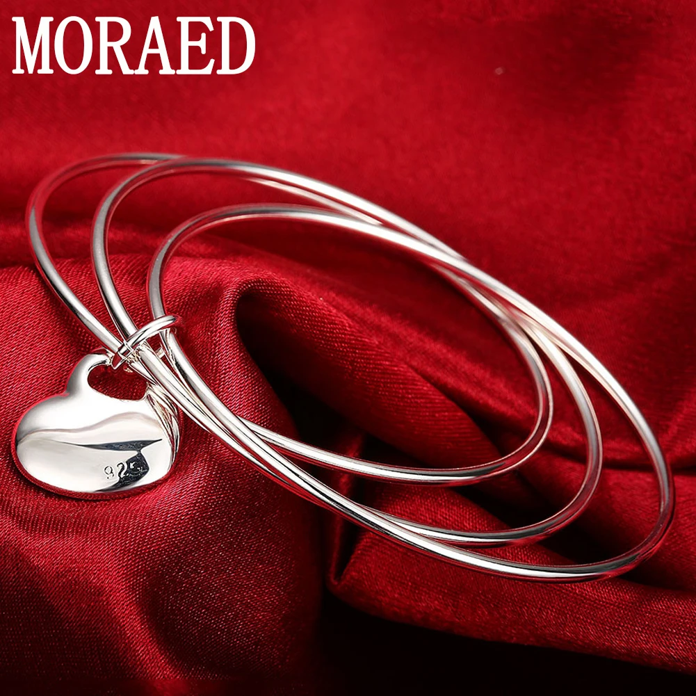 

925 Sterling Silver Three Circle Heart Pendant Bangle Bracelets For Women Fashion Charm Jewelry Gifts