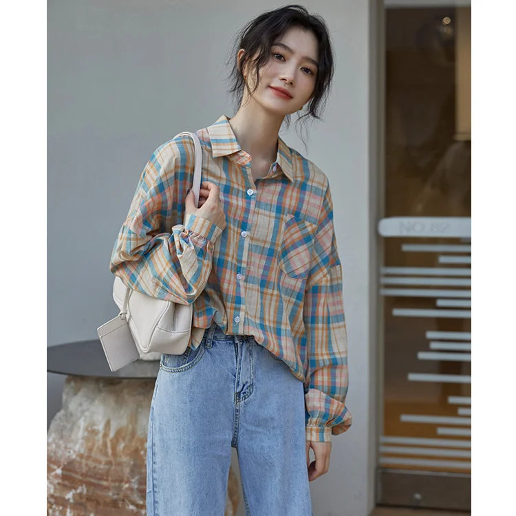 Осенняя свободная клетчатая рубашка в Корейском стиле 2021 | Женская одежда