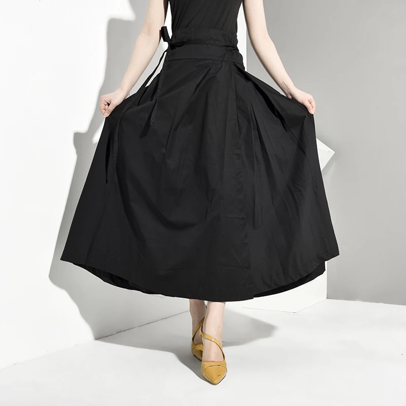 [EAM] High Waist Black Bandage False Two Spliced Loose Half-body Skirt Black Women Fashion Tide New Spring Autumn JR4780