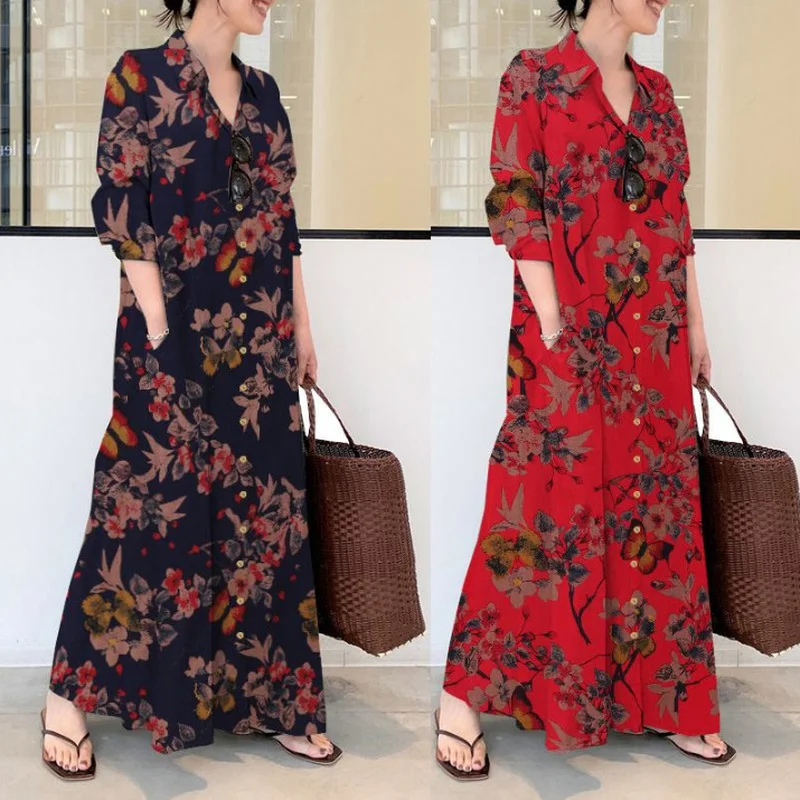 

Plus Size Islamic Clothing Muslim Dress Women Dubai Turkish Long Robe Kimono Print Ethnic Long Sleeve Wild Dresses Pocket Abaya