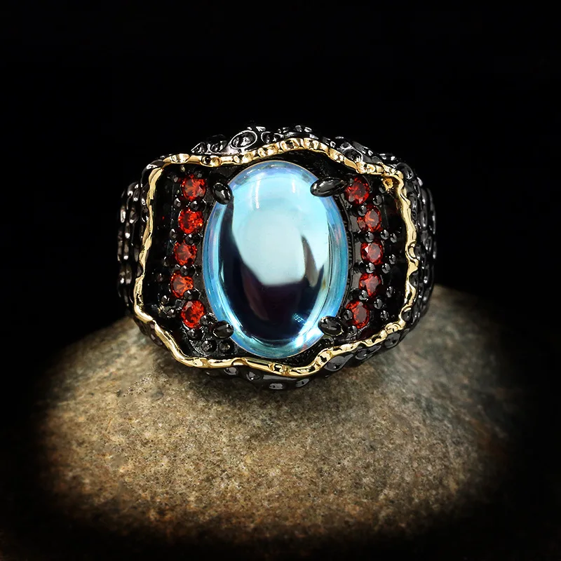 

CIZEVA Vintage Exaggerated Braided Ring with Moonstone Black Gold Color Crystal Cocktail Rings for Women Trendy Jewelry
